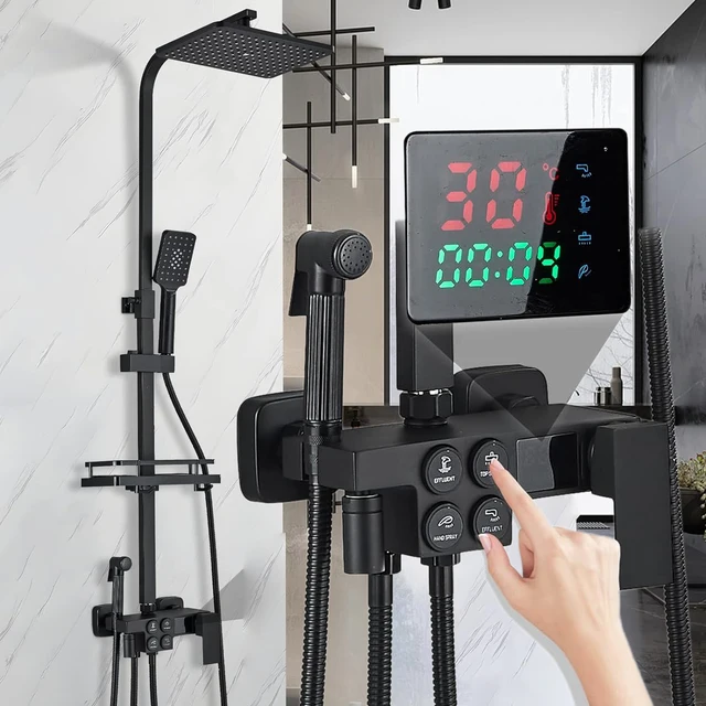 ร้อนเย็นดิจิตอลชุดฝักบัวอาบน้ําทองเหลืองคุณภาพห้องน้ําก๊อกน้ําอุปกรณ์เสริม Rain Shower HEAD Thermostatic Bath Shower System 1