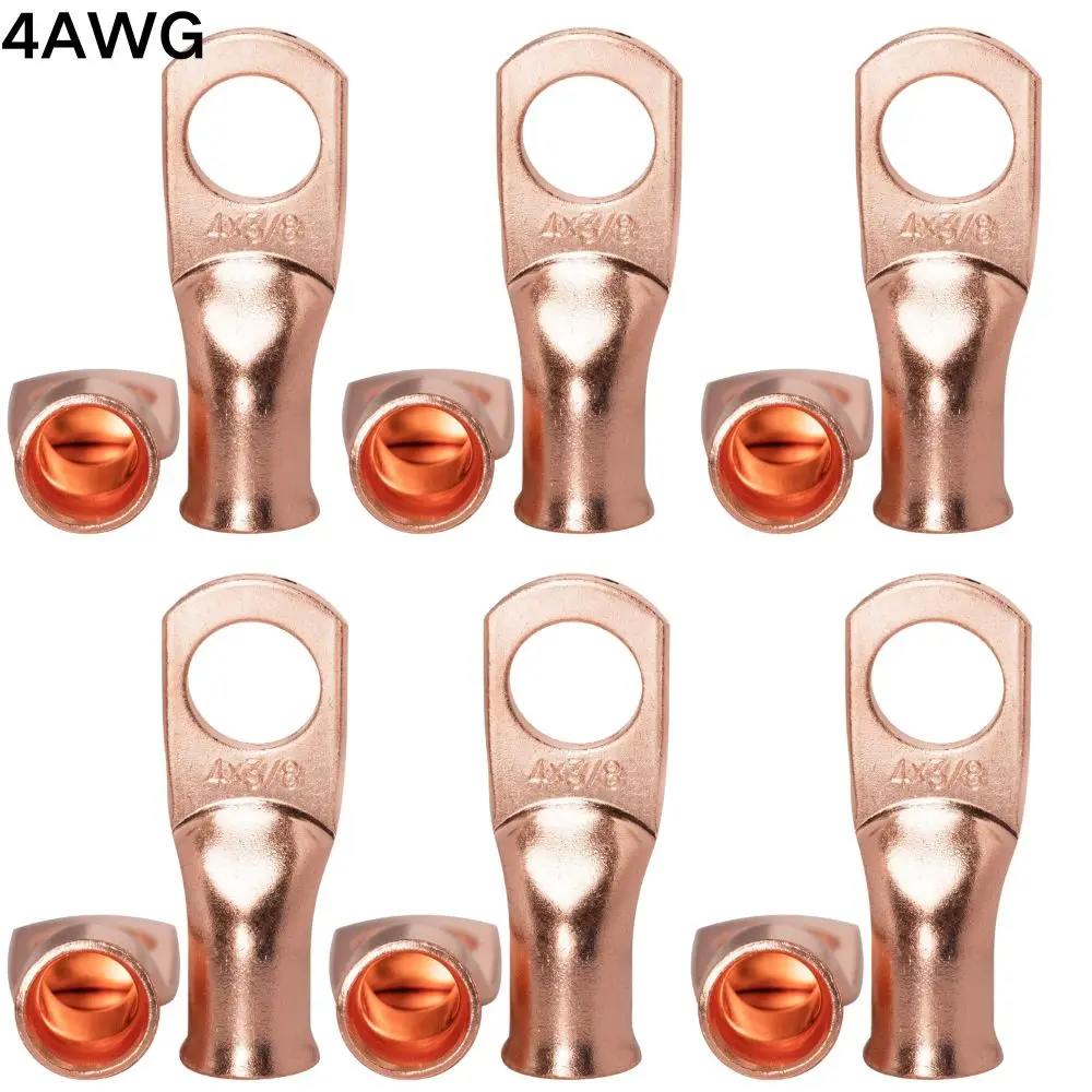 25 Pack 4 Gauge Bare Copper Ring Terminals - Unplated Battery Cable Lugs, 3/8" Hole