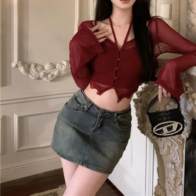 여성을위한 교수형 목 얇은 태양 보호 셔츠 섹시한 매운 소녀 짧은 카디건 탑 솔리드 컬러 슬림 긴팔 셔츠