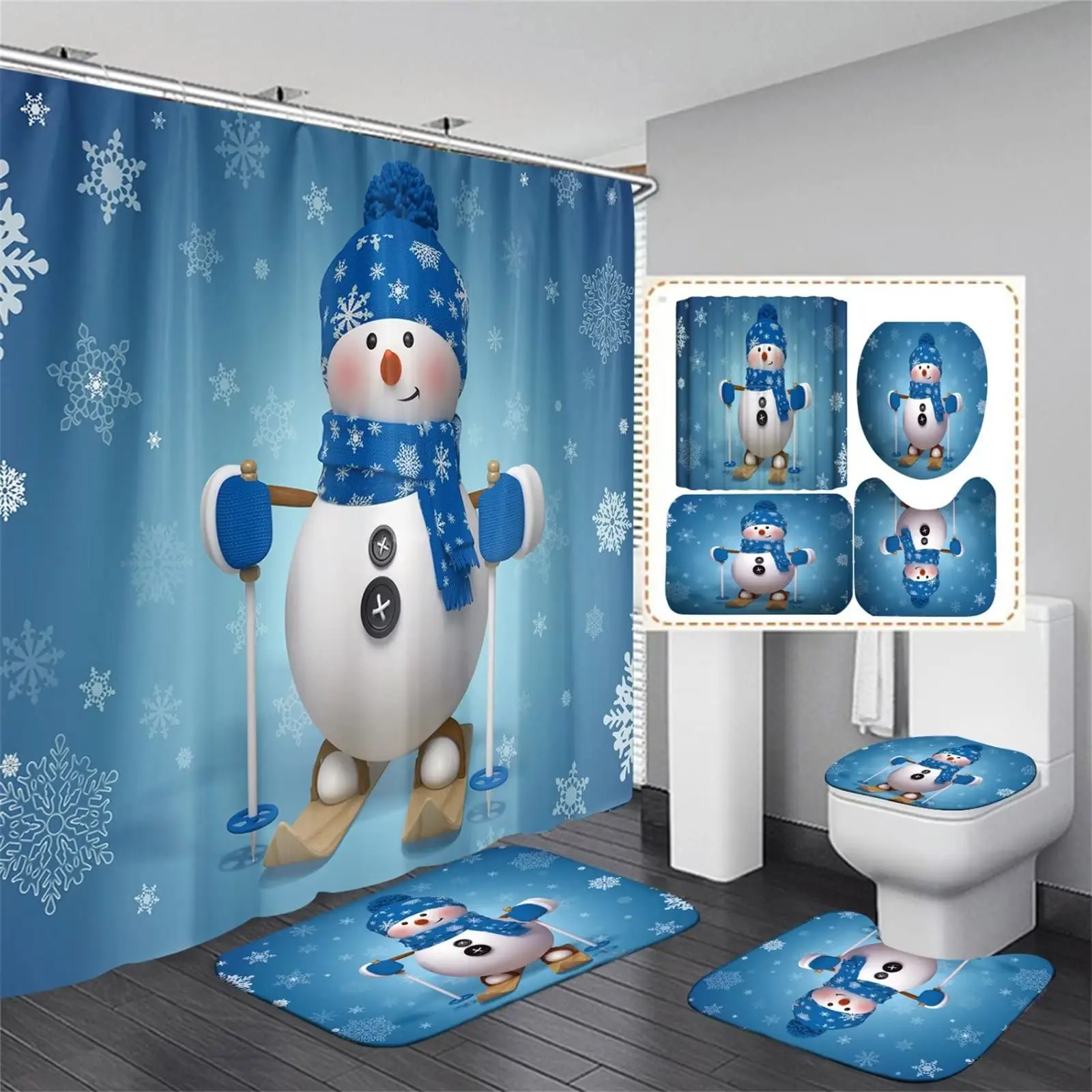 

4Pcs Christmas Snowman Shower Curtain Sets Winter Snowflake Blue Decor Non-Slip Rugs Bath U-Shaped Mat Toilet Lid Bathroom Hook