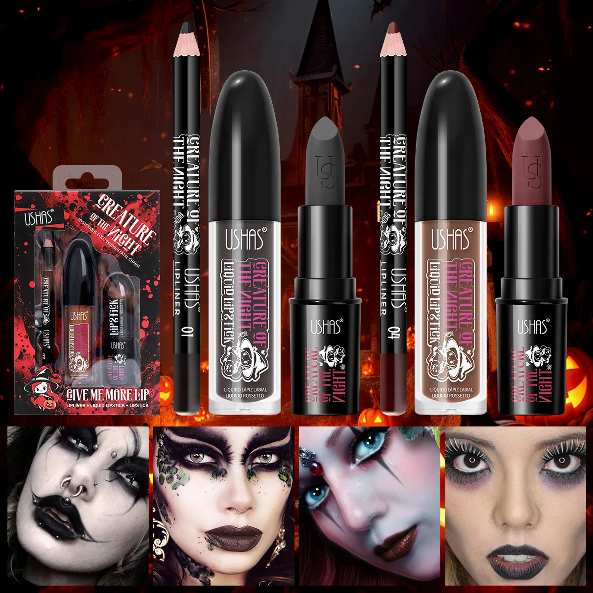 USHAS Halloween Lip Liner + Lipstick Set Black Moisturizing Long Lasting Lip Glaze Purple Brown 3 In 1 Liquid Lipstick Set