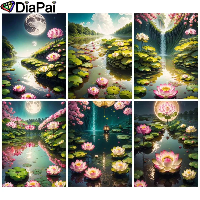 

DIAPAI 5D DIY Diamond Embroidery Full Display "Scenery Moon Lotus" Diamond Painting Square/Round Rhinestones Decor Art