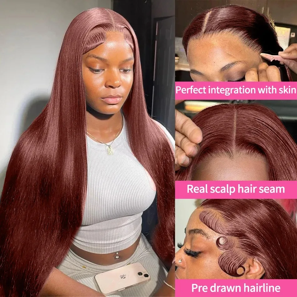 Reddish Brown HD 13x6 Lace Front Human Hair Wigs For Women Brazilian Colored Straight Lace Frontal Pre Plucked 5x5 Closure Wig