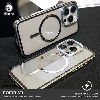 Stainless Steel Frame Magnetic Phone Case For iPhone 15 Pro Max Transparent Metal lens For 15 Pro Megsafe Wireless Charge Cover