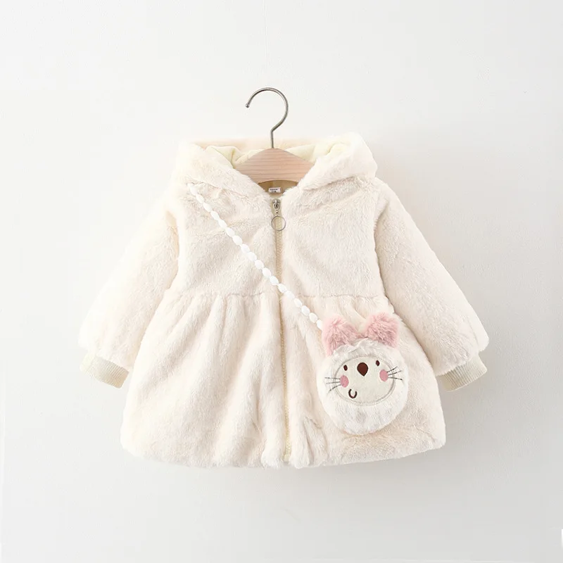 Baby girl's winter new jacket, girls' hooded thick fur jacket cartoon teddy bear cotton jacket 0-3 years old