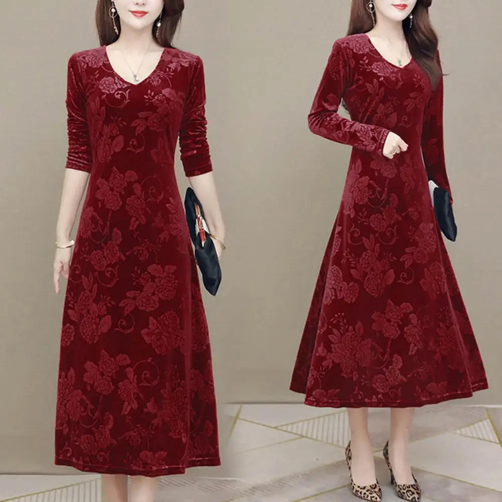 

Holiday Dress Elegant Plus Size Floral Print Midi Dress for Mid-aged A-line V Neck Long Sleeve Mid-calf Length Date Night Dress