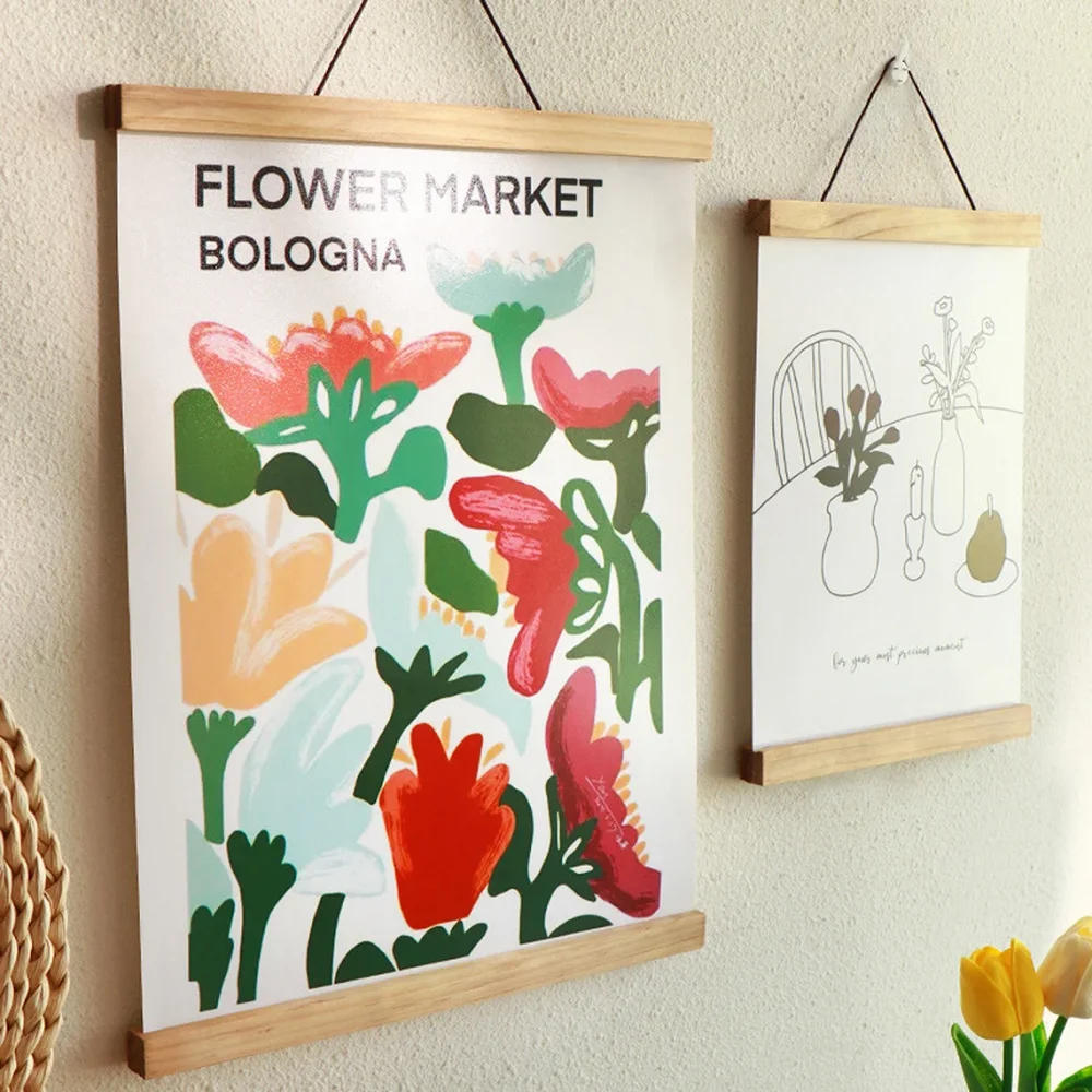 Magnetic Poster Hanger Teak Pine Wood Scroll Painting Frame Wood Photo Frame Black White Canvas 21 30 40 50 60cm