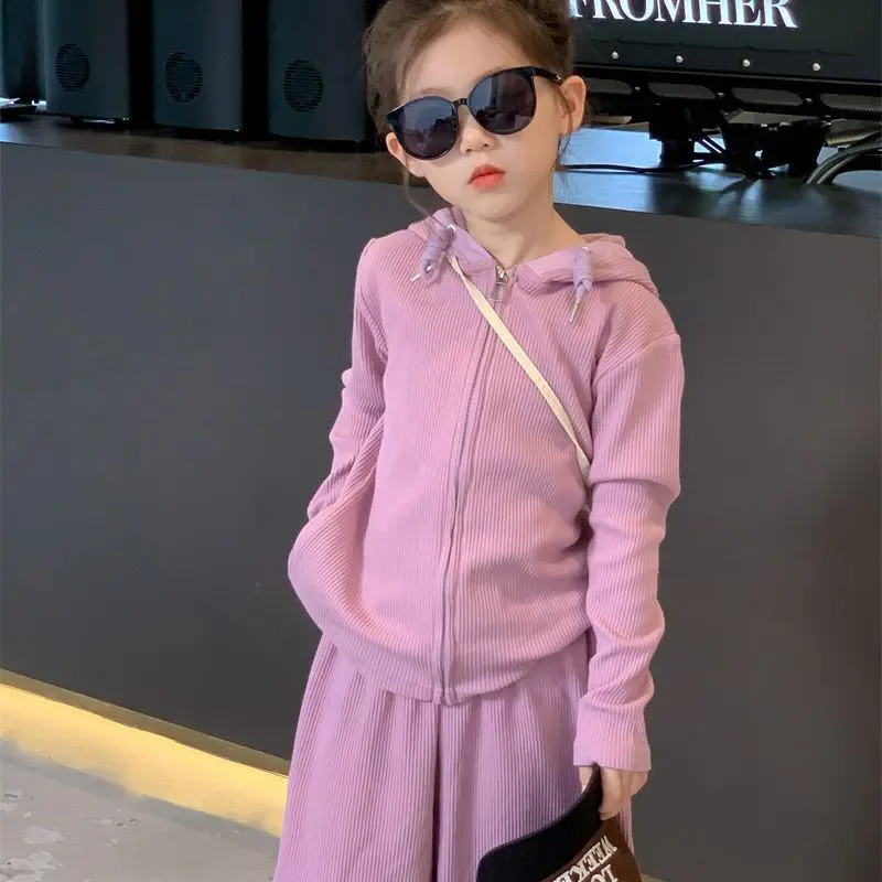 

Girls Autumn Clothes Sets Children's Solid Long Sleeve Hooded Zipper Coat+Pants Two Piece Outfits Baby Tracksuit