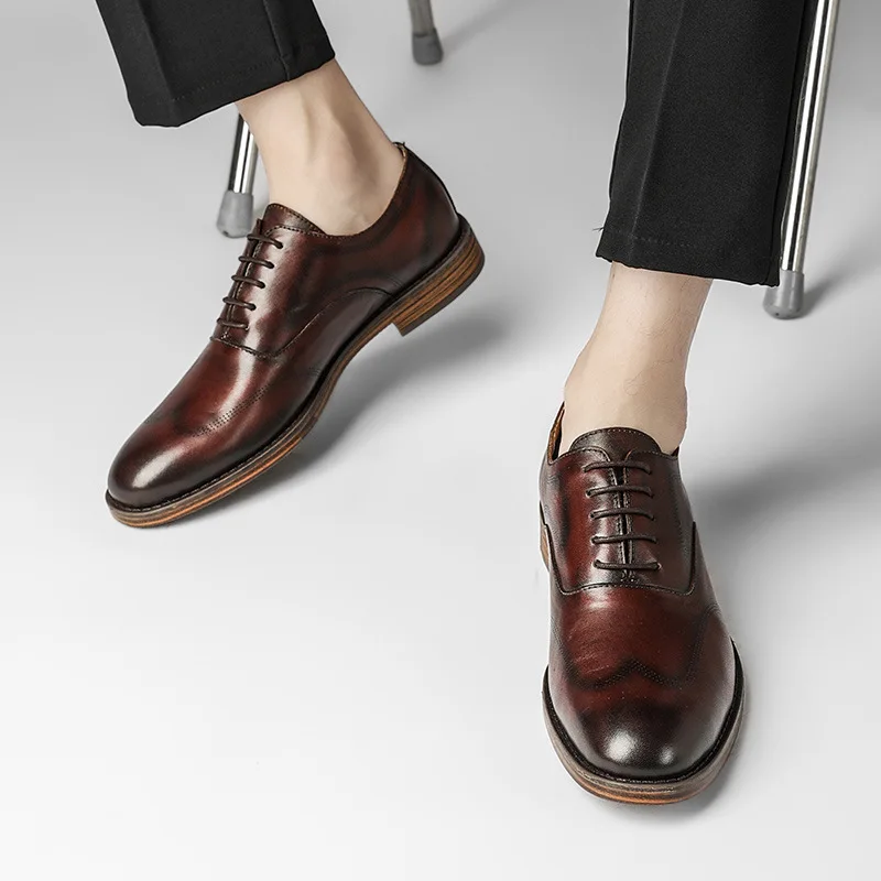 

Mens Dress Shoes Business Leather Retro Color Polished Wedding Chaussure Homme Large Size Office Lace Up Male Derby Shoes