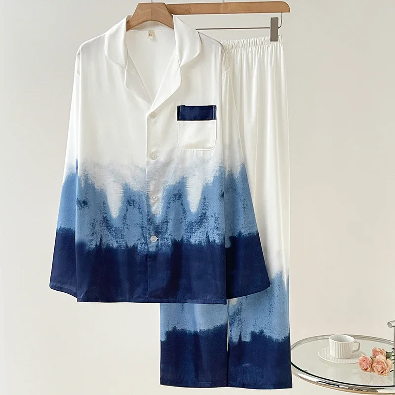 New Male Pajamas Set Homewear Print Short Sleeve Trouser Suits Pijamas Silky Satin Men Sleepwear Lounge Wear Loose Pyjama