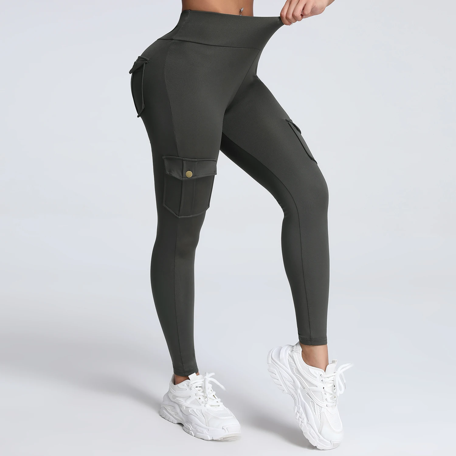 Cargo Style Fitness Pants Women's Sports Tight Leggings With Pocket Stretch High Waist Peach Hip Trousers StreetWear 4