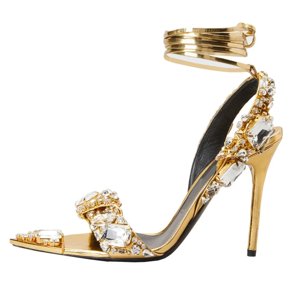 

Gold Fashion Crystal Sandals Women,10cm High-Heeled Rhinestone Wedding Shoes Pointed Toe Female,High Heels Sandalias Ankle Strap