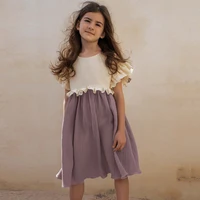 2024 Cotton and Hemp Girls summer retro short sleeved color blocked dress loose casual dress, 320006KLP 1