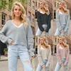2024 Autumn/Winter Fashion New V-neck Solid Color Off Shoulder Loose Solid Color Knitted Shirt for Women 6
