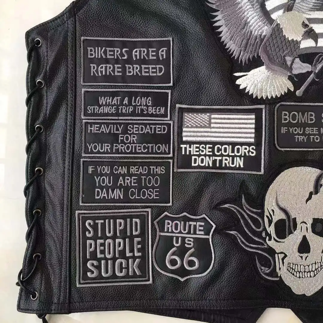 Men's First Layer Cowhide Vest Motorcycle Vest Leather Vest Embroidered Badge Men Clothing