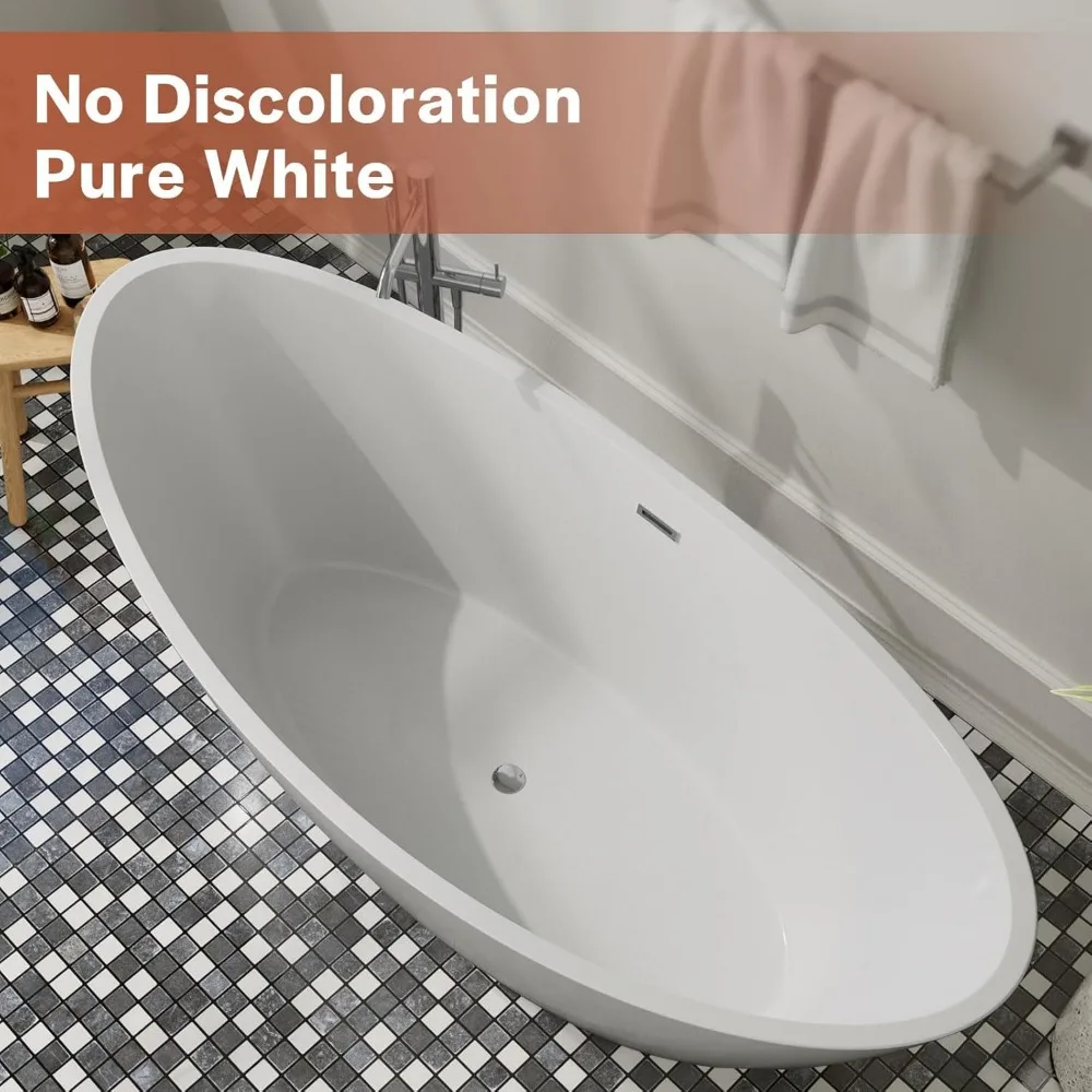 67" Acrylic Freestanding Tub Contemporary Soaking Tub, with Matte Overflow and Drain, White Acrylic Stand Alone Tub 3