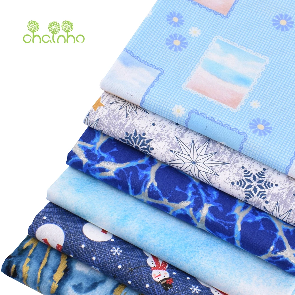 Chainho,Printed Plain Weave Cotton Fabric,Handmade DIY Quilting Sewing Material,Patchwork Cloth,Blue Series,20x25cm,15CD77