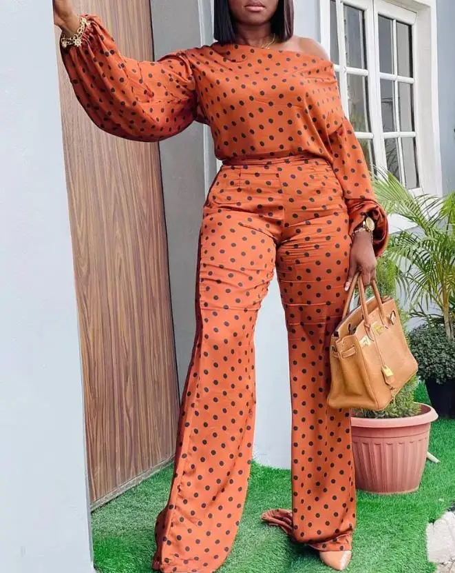 Women's Casual Suit 2024 Spring/summer Latest Fashion Polka Dot Print Lantern Sleeves Skew Neck Top&daily Versatile Pants Set solid color women dress v neck knot hollow out waist mini dress for women spring solid color short sleeves skinny elastic sheath