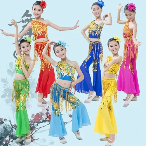 

Children's Sequins Dai Peacock Dance Costume for Girls Traditional Ethnic Peacock Dance Dress for Stage Costumes Top + Pants
