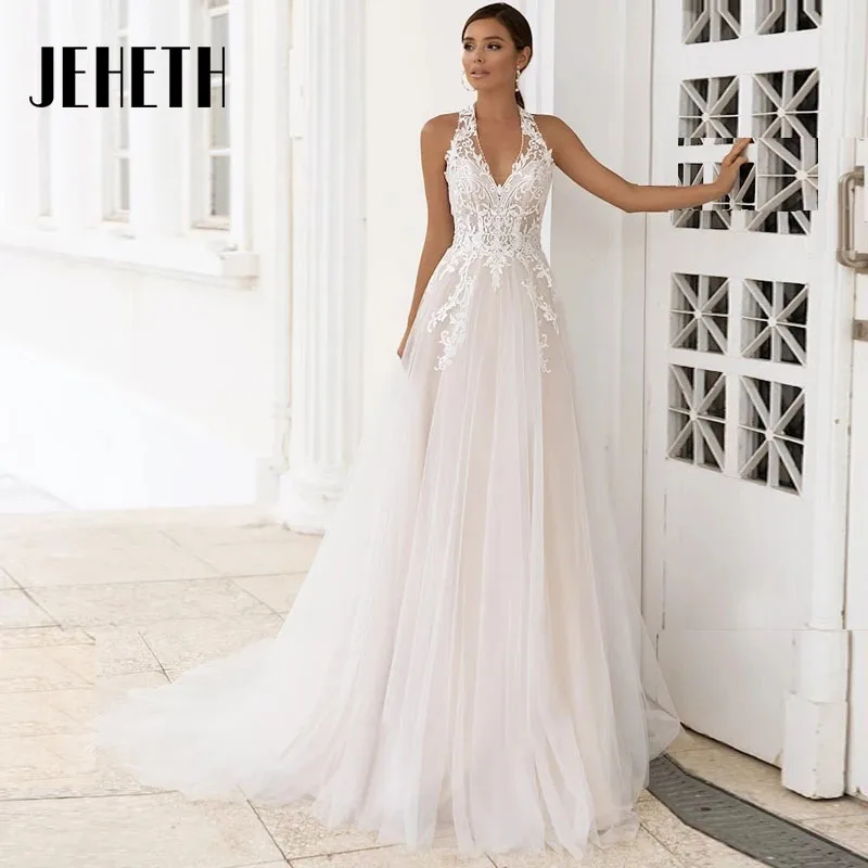 

JEHETH Beach A Line Sleeveless Wedding Dress 2023 New Lace Halter Appliques Tulle Bridal Gown Sweep Train Vestido De Noiva