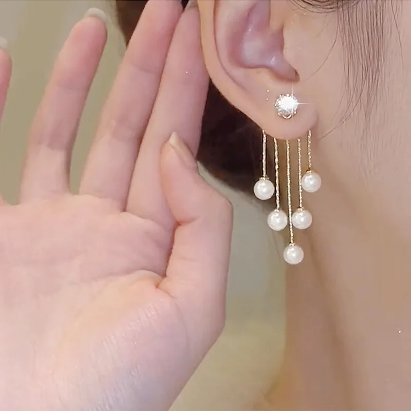 S925 Silver Color Earrings Korean Version of Pearl Fashion A Two Wearing Earrings Tassel Pearl Pendant Women Ear Ring Jewelry 14