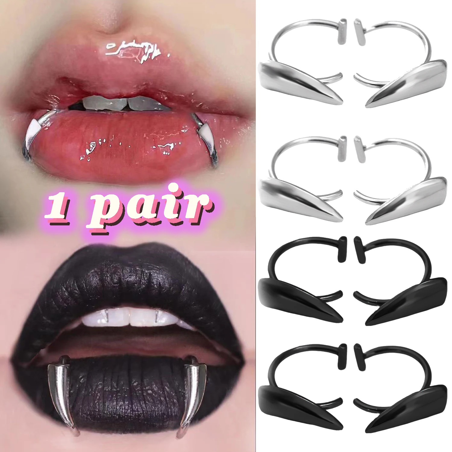 1pair Vampire Fake Piercing Lip Ring Punk Exaggerated Gothic Jewelry Trend Fashion Unique Stainless Steel Punk Stainless Steel