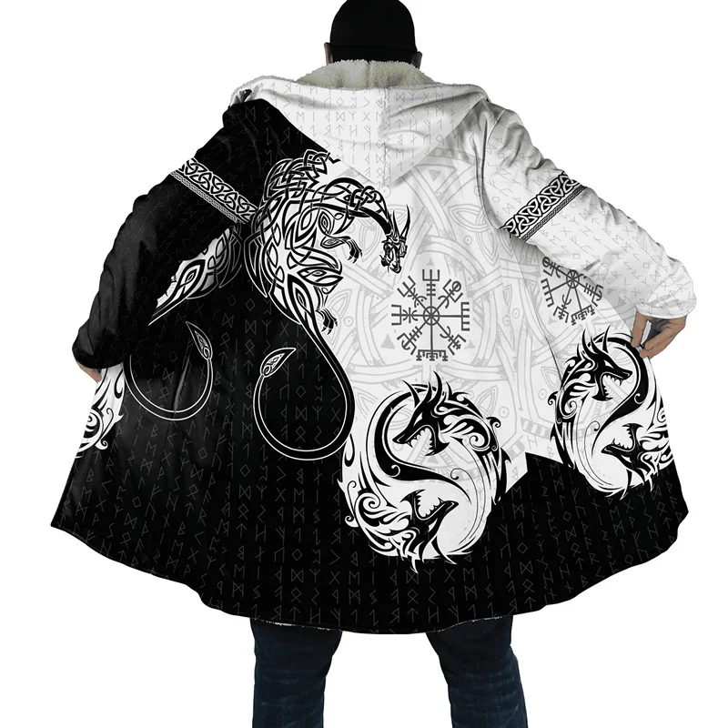 

Fashion Men's Hooded Cloak Viking Dragon Odin Raven Tattoo 3D Print Men's Wool Hooded Cloak Unisex Casual Thickened Warm Cloak