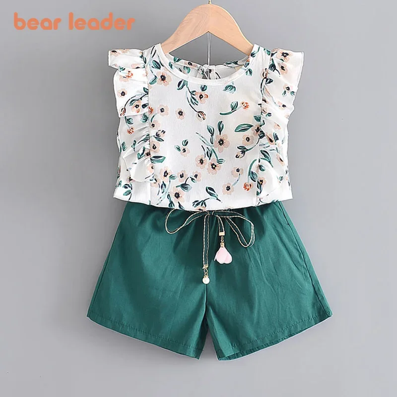 Bear Leader Kids Girl Clothes 2023 Fashion Sling Flower Bow Baby Girls Shirt + Stripe Shorts 2pcs Suit Children Clothing Sets