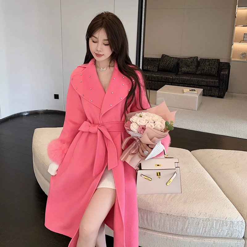 

2023 Woolen fur,European design Real Fur Trench overcoats Fashion belted Cashmere woolen Outerwear NQ32