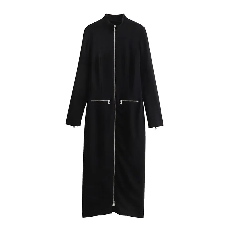 

Autumn Women's Dresses 2023 New Casual Slim Zipper Decorated Psychedelic Dresses Long Sleeve Elegant Chic Black Long Dresses