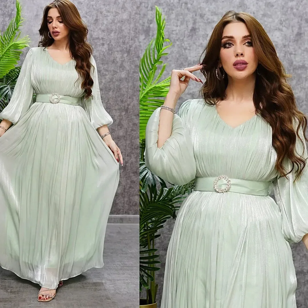 Eid Muslim Silky Satin Abaya Party Dress for Women Puff Sleeve Morocco Abayas Dubai Pleated Evening Dresses Caftan Robe Vestidos