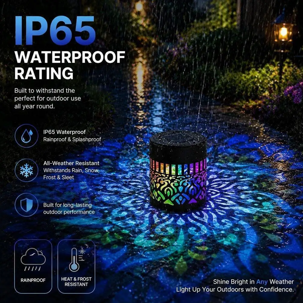 태양열 구동 야외 방수 IP65 LED 프로젝션 벽 램프 만다라 해바라기 모란 패턴 홈 가든 장식 조명