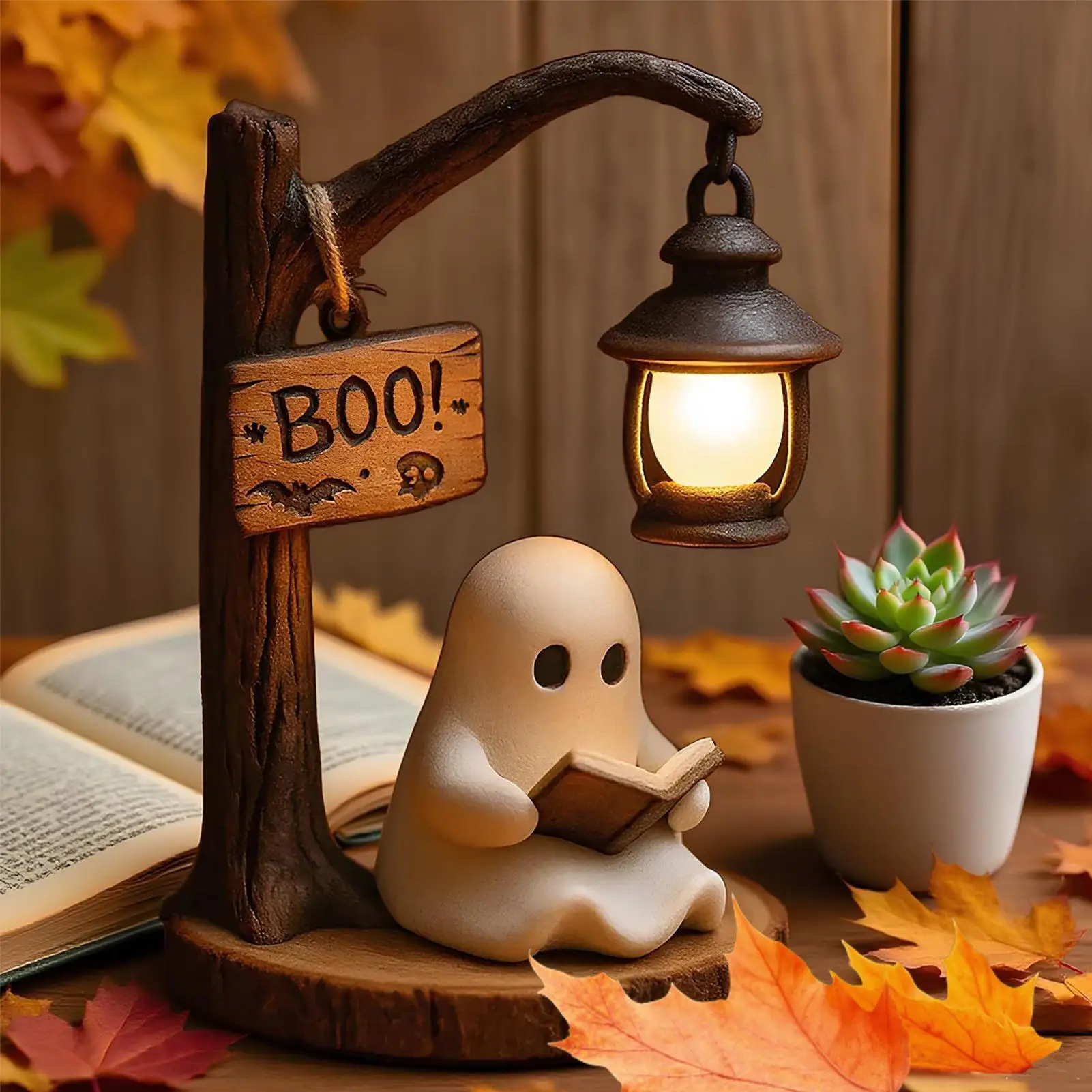 Cute Ghost Reading Lamp Ghost Reading Lantern 3D Resin Halloween Ghost Night Light For Indoor Decorations Living Room Bedroom