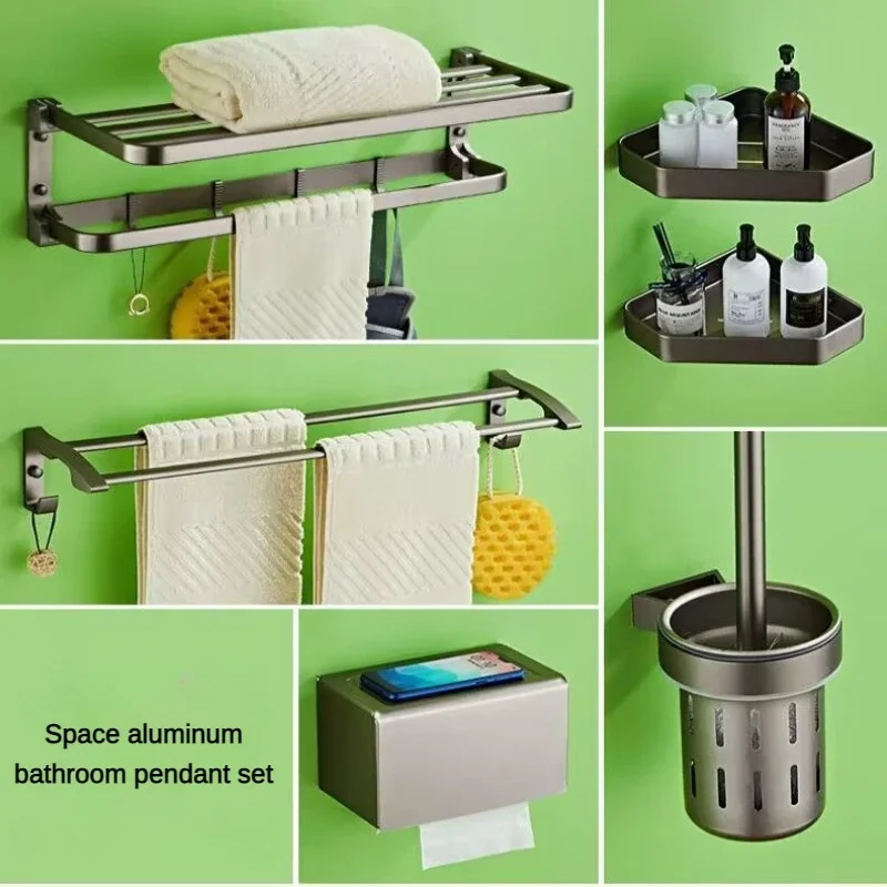 

Space Aluminum Bathroom Hardware Set Bath Towel Rack Toilet Paper Holder Towel Hook Toilet Shelves Triangle Shelf Accessories