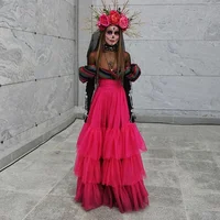 Chic Hot Pink Women Long Skirt Tulle Layered Ruffles Prom Skirt Custom Made Fuchsia A Line Tulle Birthday Party Skirts Maxi Tutu 1