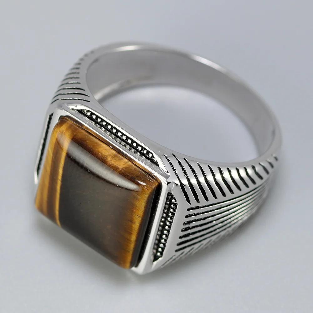 Silver Rings Man Ring Tiger Eyes Natural Stone Stripe Pattern Ringen