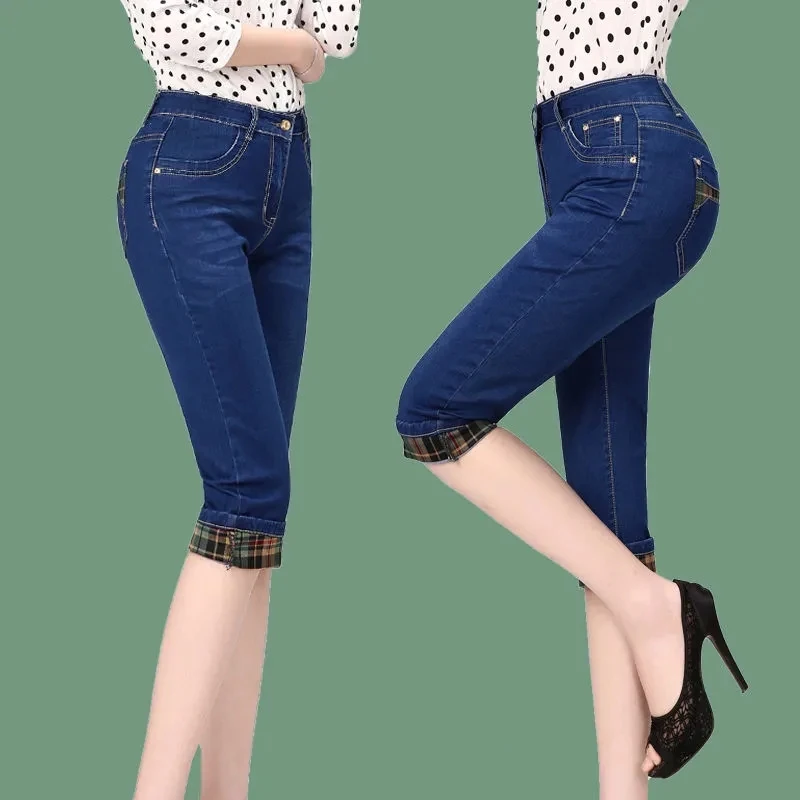 2025 New High waisted Women's Capri Denim Shorts Women Summer Thin Slim Vintage Jeans Stretch Short Straight leg Pants Leggings 2