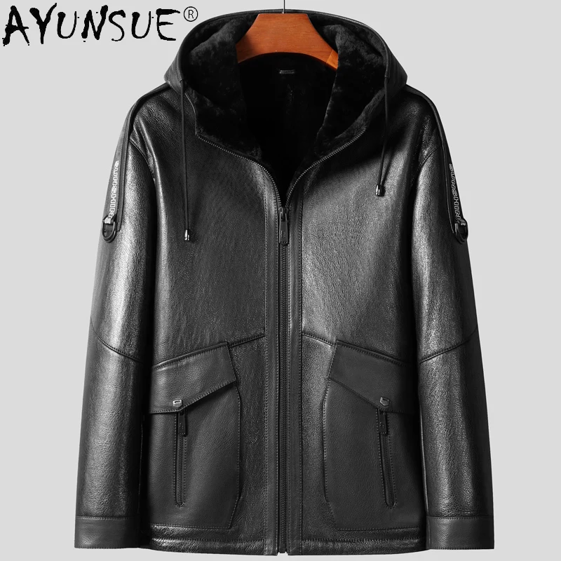 

AYUNSUE Natural Fur Coat Men Genuine Sheepskin Leather Jacket Male Real Shearling Fur Coats Hooded Winter 2023 Jaqueta Masculina