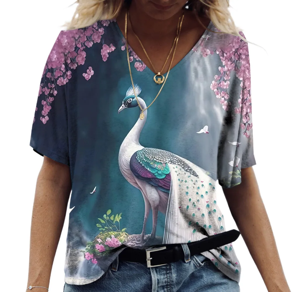 

Women's V-neck T-Shirt Peacock 3D Printed Casual Fashion Summer Pullover Short Sleeve Harajuku Oversized Tops Tees For Ladies