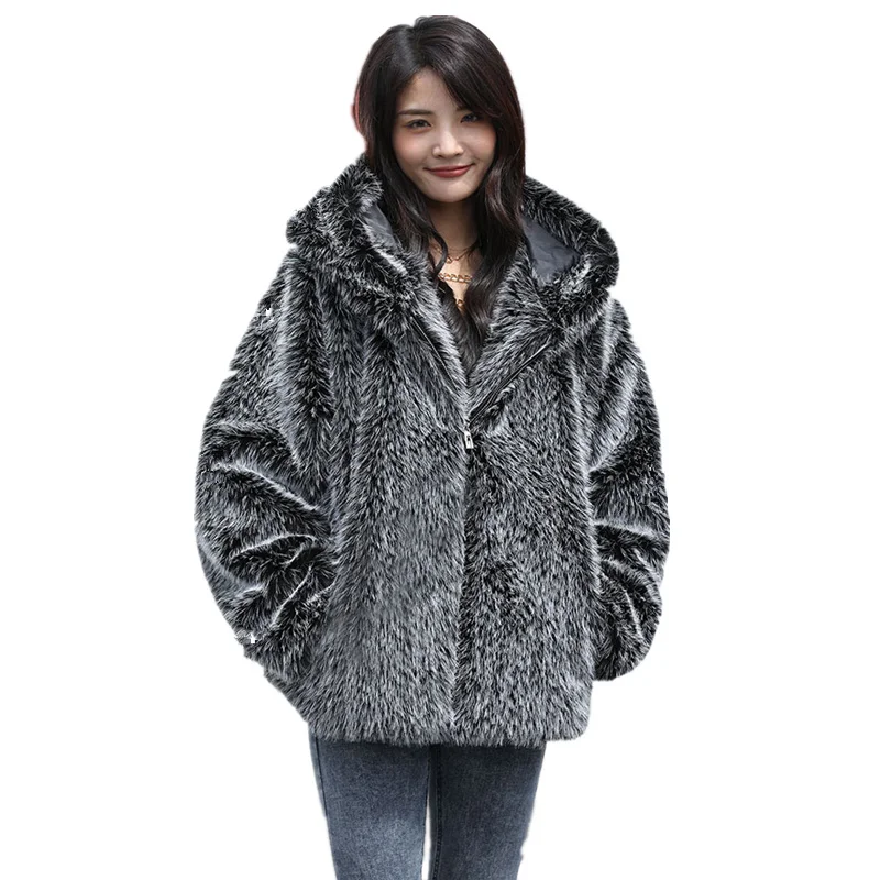 

Hight Quality Hooded Faux Fur Jacket Women Winter Plush Coat Zipper Oversized Sliver Fox Female Fluffy 2023 New