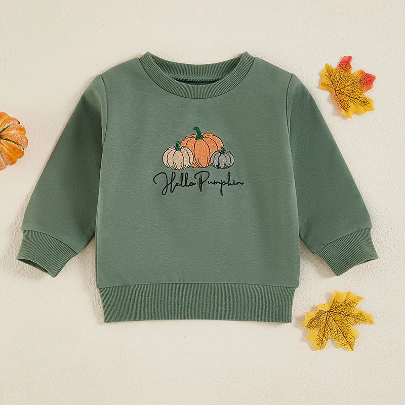 Toddler Baby Girls Boys Halloween Sweatshirts Long Sleeve Crew Neck Pumpkin Embroidery Pullovers Toddler Warm Tops