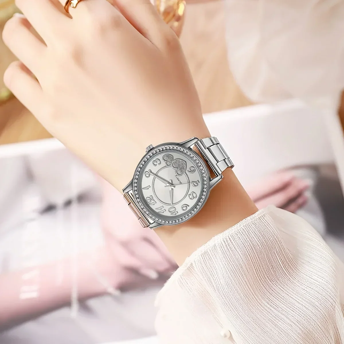 2pcs/set - Fashionable, elegant and minimalist - Women's quartz watch&sparkling bracelet set, circular digital analog dial