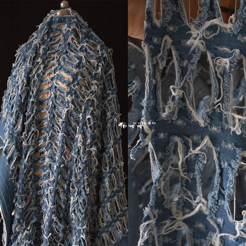 Blue and White Ripped Creative Denim Fabric Broken and Reconstructed Hollow Fabric See-through Jacquard Tassel