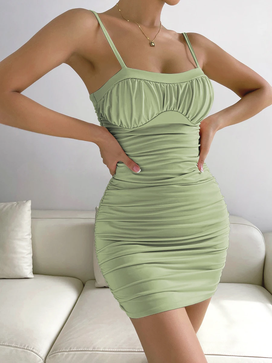 

Women's Summer Pleated Mini Sling Dress Sexy Solid Color Sleeveless Backless Ruched Spaghetti Strap Dress Party Streetwear