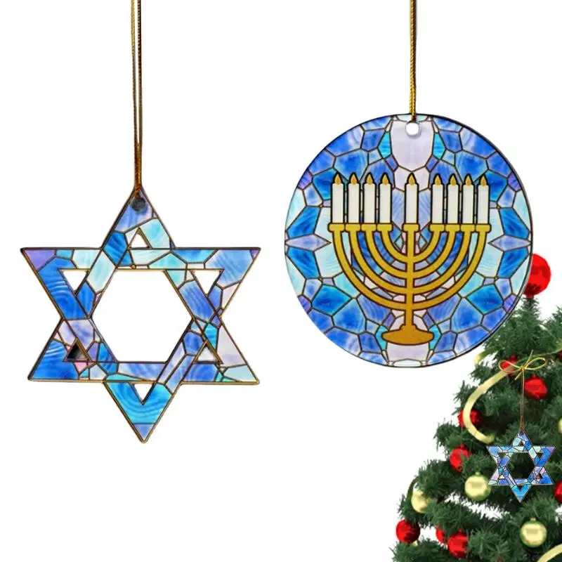 

2 Pcs Hanukkah Ornaments Happy Hanukkah Acrylic Hanging Pendant Blue Jewish Chanukah Decorations for Xmas Tree Home Party Decor
