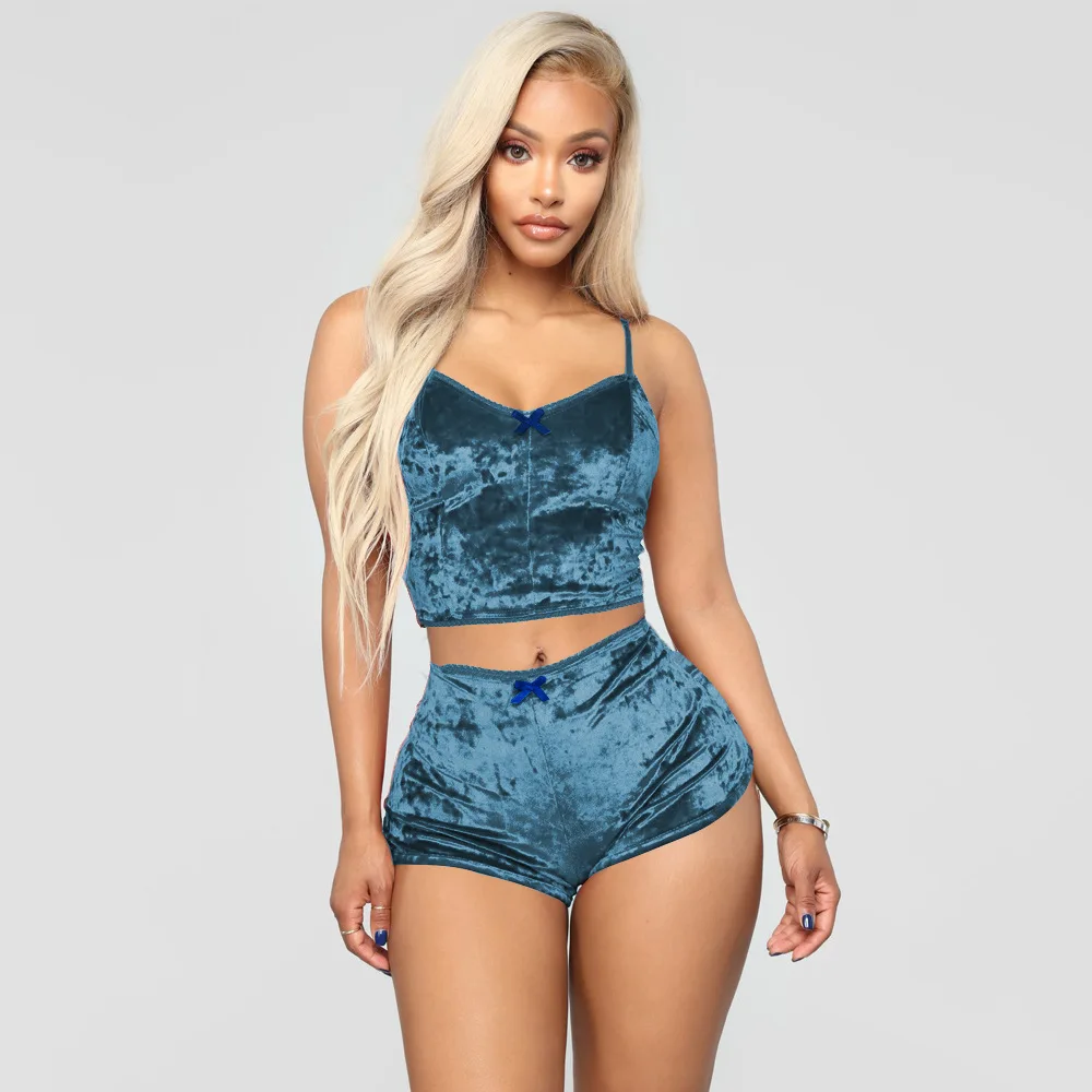 Ling 2Pcs Women Sexy Strappy Pajama Set Women's Velvet Polyester Comfortable V-neck Underwear Home Clothes Sleepwear Sleeveless