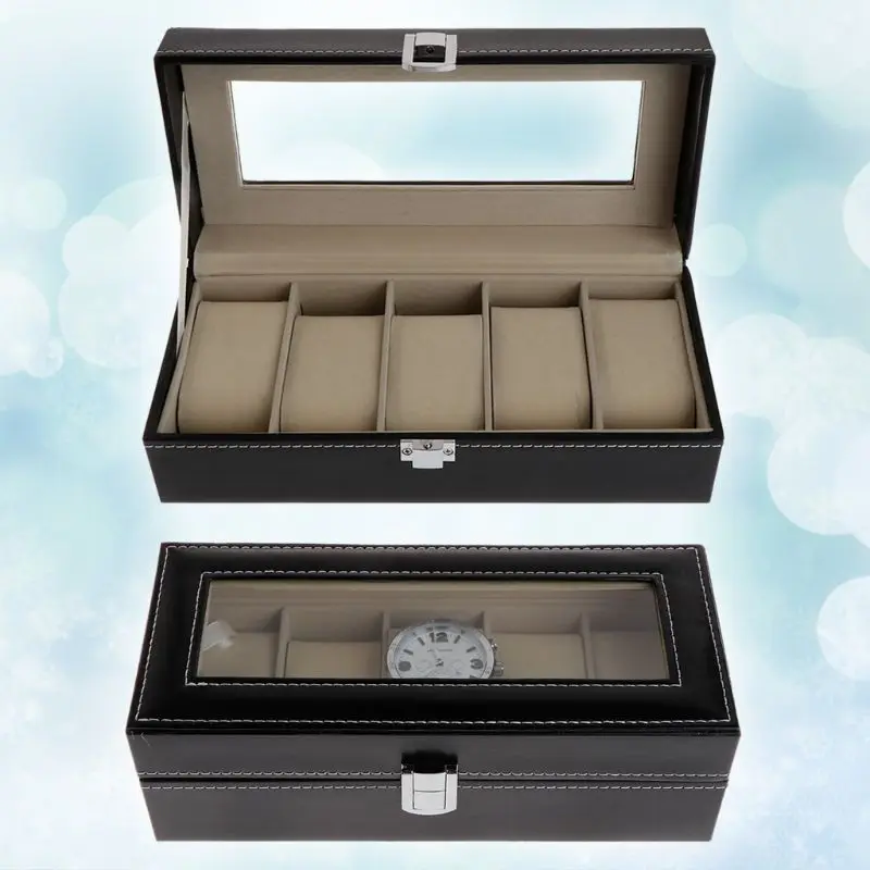 Watch Box Storage Case Gift Package Jewelry Display 5 Grids Luxury Faux Leather Soft Protection Organizer