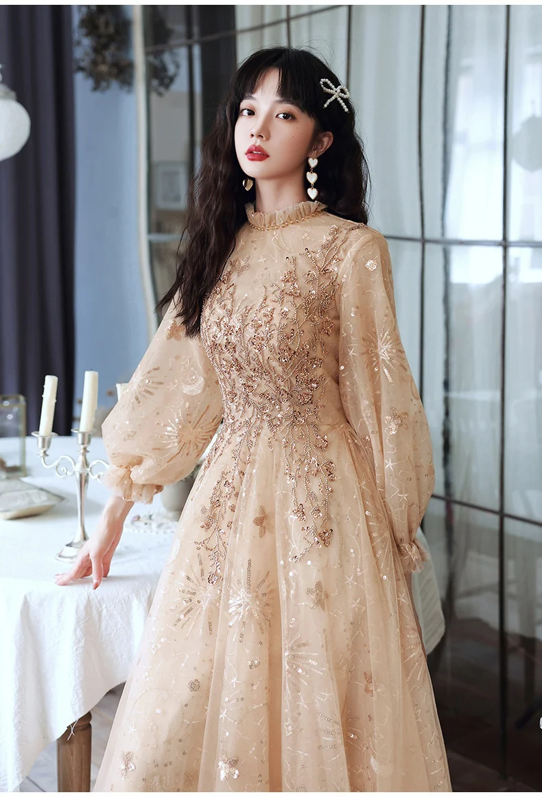 Modest Evening Dresses With Long Sleeves Luxury Appliquies Sequin Tulle Women Dresses Evening 2021 Modest Evening Dresses With Long Sleeves Luxury Appliquies Sequin Tulle Women Dresses Evening 2021