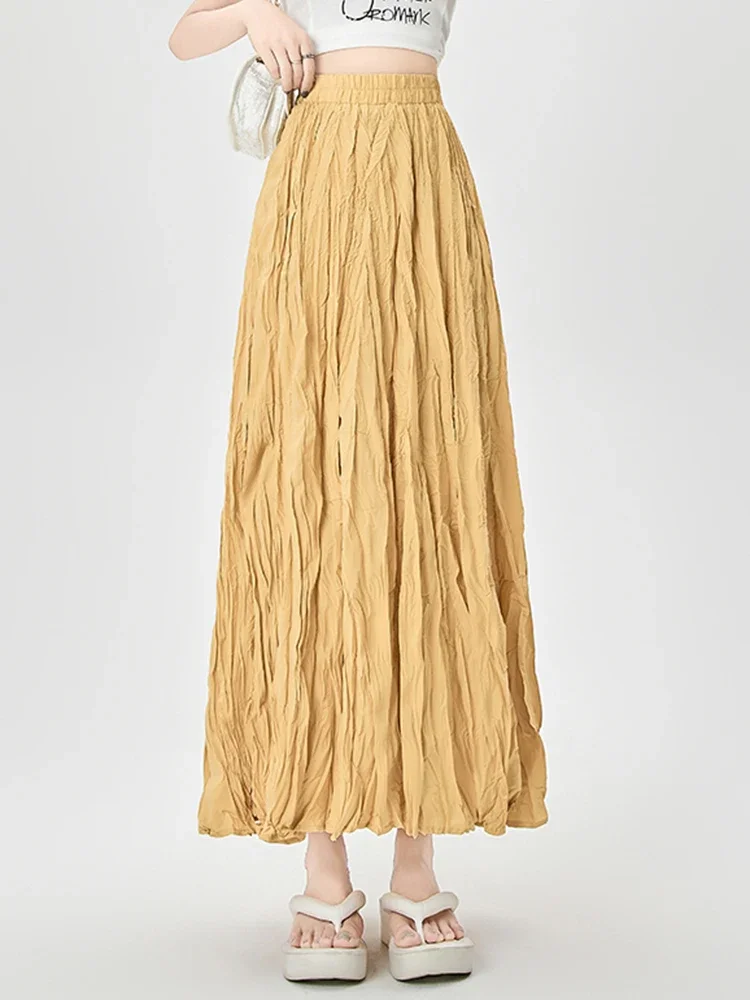 Korean Street High Waist Solid Color Simple Women Midi Skirts Summer Cool Fashion Office Ladies A-line Casual Female Black Skirt