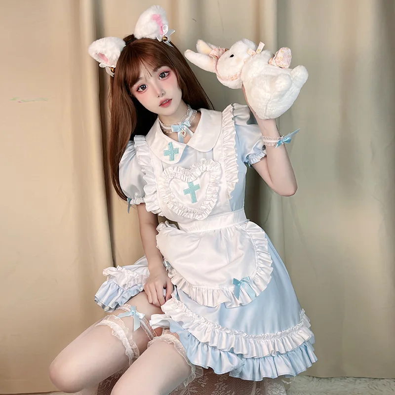 Gothic Lolita Cosplay Maid Costume Anime Cream Sweet Heart Lolita Dress Maids Wear Uniform Short-sleeved Nurse Costumes